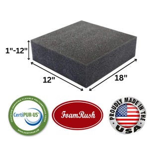 May include: A 12 by 18 inch, 1 inch thick, gray foam block. The foam is CertiPUR-US certified and made in the USA. The foam block is labeled "Foam Rush".