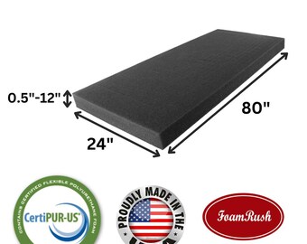 24" x 80"  Charcoal High Density Upholstery Foam Cushion, Foam Padding, Seat Replacement, Cushion Replacement, Wheelchair Cushion.