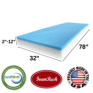 May include: A rectangular foam mattress, 78 inches long, 32 inches wide, and 2 to 12 inches thick, with a blue top layer and a white base. The image includes the "Foam Rush" logo and a "Proudly Made in the USA" seal.