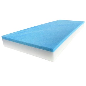 May include: A blue and white memory foam mattress topper. The topper is designed to provide extra comfort and support.