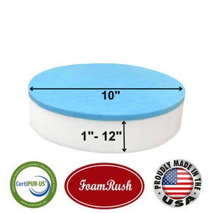 May include: A white round foam cake dummy with a blue top. The dummy is 10 inches in diameter and 1 to 12 inches tall. The dummy is made by Foam Rush and is proudly made in the USA.