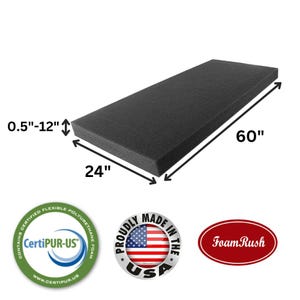 24" x 60"  Charcoal High Density Upholstery Foam Cushion, Foam Padding, Seat Replacement, Cushion Replacement, Wheelchair Cushion
