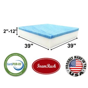 May include: A white and blue foam cushion measuring 39 inches by 39 inches and 2 inches thick. The cushion is made in the USA and is CertiPUR-US certified.