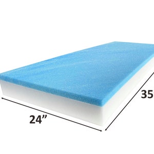 May include: A blue and white foam mattress topper, measuring 61 cm wide, 89 cm long, and 20 cm thick.