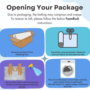May include: A four-step guide on how to open and prepare batting for use. The steps are illustrated with simple icons: remove from box, unwrap, spray with water, and dry in a dryer. The text includes the brand name "FoamRush".