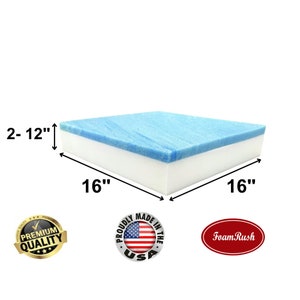 May include: A 16-inch by 16-inch square foam cushion with a blue top layer and a white bottom layer. The cushion is 2 to 12 inches thick. The image also includes a gold seal with the text "Premium Quality" and a red oval with the text "Foam Rush".