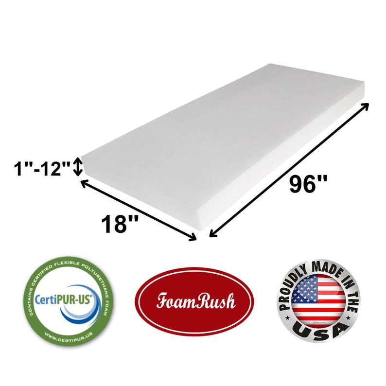 May include: A white foam mattress pad measuring 96 inches by 18 inches and 1 inch thick. The pad is CertiPUR-US certified and made in the USA. The foam pad is labeled "Foam Rush".