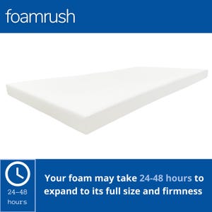 May include: A white foam mattress, with the text "foamrush" in blue at the top of the image. The text "Your foam may take 24-48 hours to expand to its full size and firmness" is in blue at the bottom of the image, with a clock icon showing 24-48 hours.