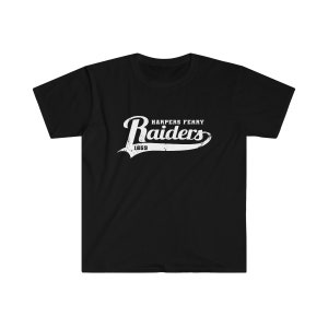 May include: Black t-shirt with a white vintage-style graphic that says "Harpers Ferry Raiders 1859".