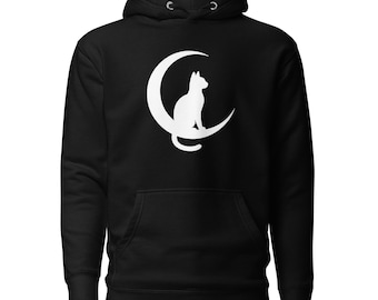 Cat and Crescent Moon – Minimalist Witchy Celestial Unisex Hoodie