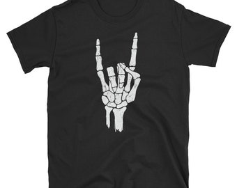 Devil Sign of the Horns Skeleton Hand Rock On Scary Halloween Short-Sleeve Unisex T-Shirt