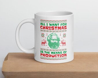 Taza de Karl Marx sobre los medios de producción, suéter navideño feo comunista, café marxista divertido