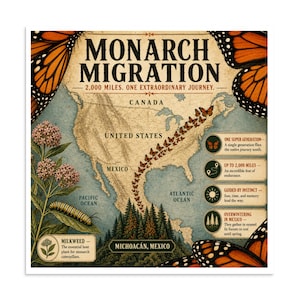 May include: A vintage-style educational poster titled Monarch Migration, 2,000 Miles. One Extraordinary Journey. It features a map of North America, monarch butterfly illustrations, a milkweed plant, a caterpillar, and text boxes explaining the migration.