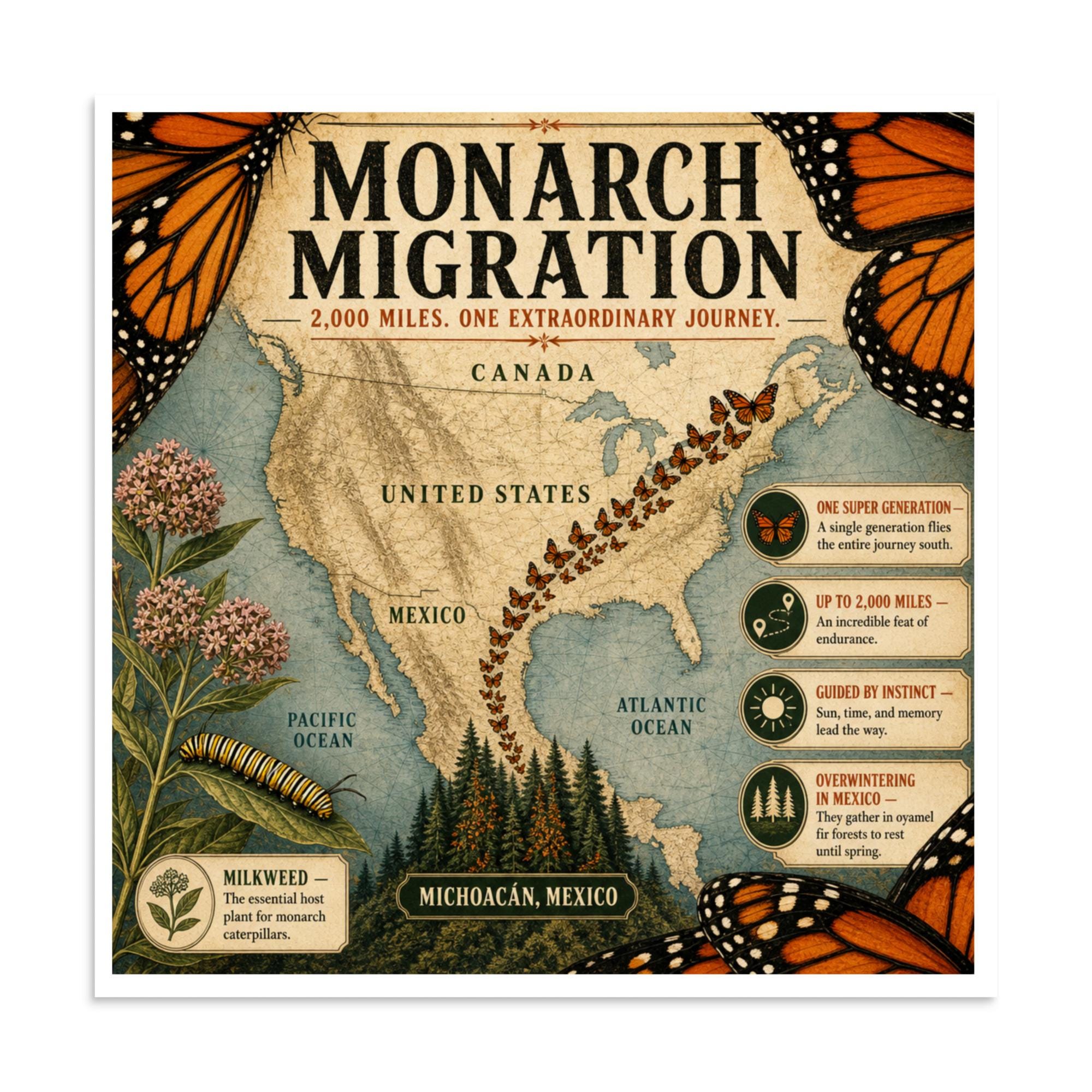 Monarch Migration Map Poster, Vintage Butterfly Journey, Milkweed Botanical Art (Digital Download)