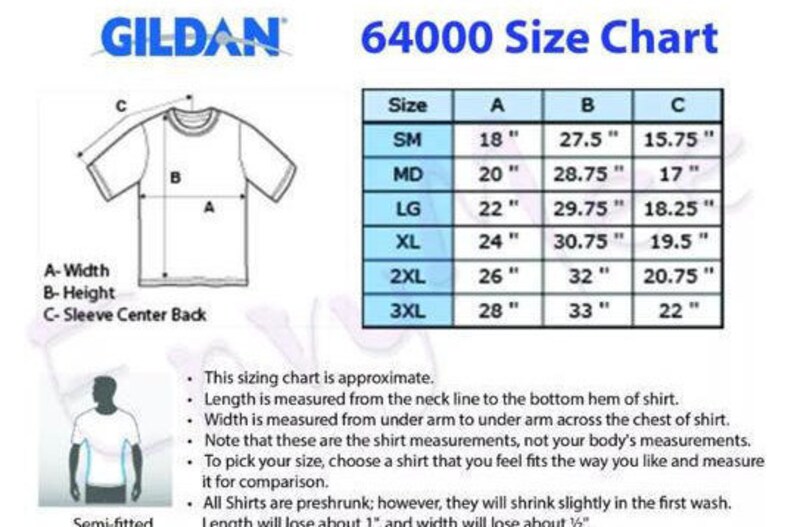 Puede incluir: Una tabla de tallas para camisetas Gildan 64000. La tabla muestra las medidas de ancho, alto y centro de la espalda de la manga en pulgadas para las tallas S a 3XL.