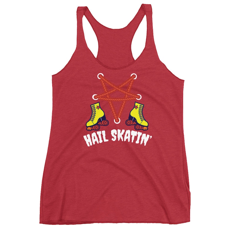 May include: Red tank top with a pentagram made of rope and two yellow roller skates with the text "HAIL SKATIN'" underneath.