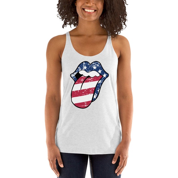 Stones Lips Shirt Tongue Out Stars and Stripes USA American Flag 4th of July Women's Racerback Tank