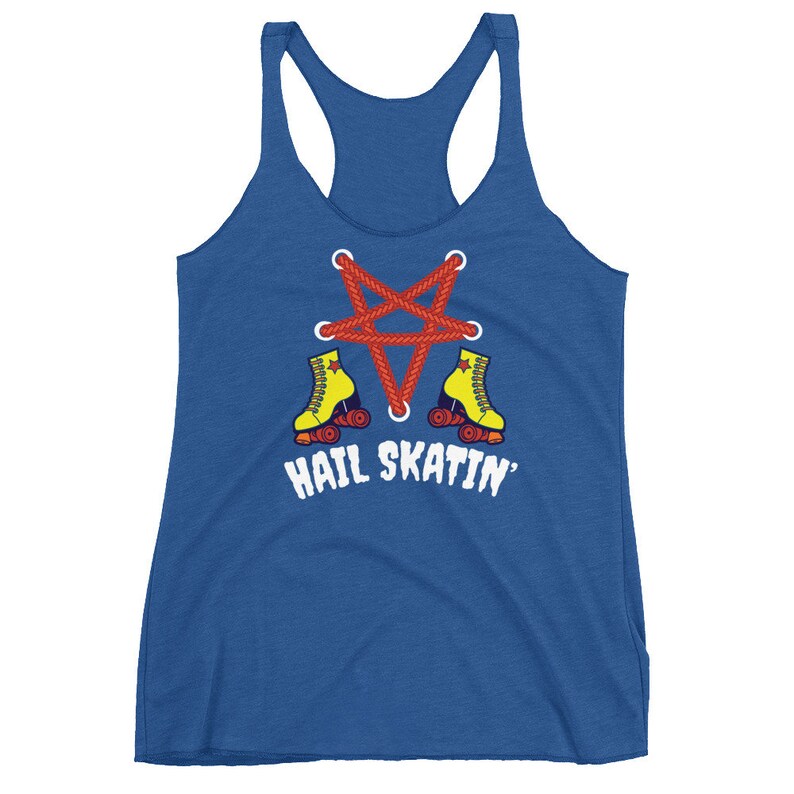 May include: A blue tank top with a red pentagram design and two yellow roller skates. The text "HAIL SKATIN'" is printed below the pentagram.