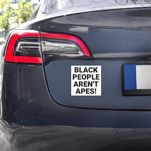 May include: A white rectangular bumper sticker with the text "BLACK PEOPLE AREN'T APES!" is affixed to the rear of a dark gray car. The car's taillight is visible, with a red outline.