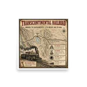May include: A vintage-style map print titled Transcontinental Railroad, depicting the route from Omaha to Sacramento. It features a steam locomotive, a topographical map of the mountains, and informational text boxes detailing the historical project.