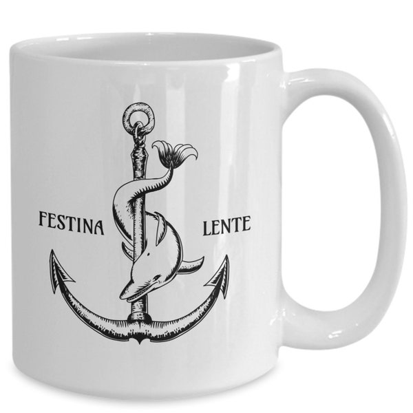 Festina lente symbol anchor dolphin make haste slowly coffee mug