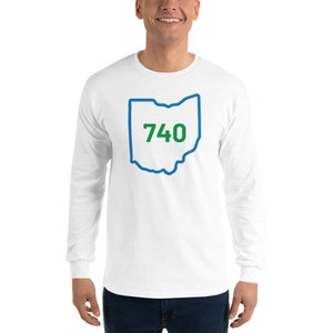 May include: White long-sleeve t-shirt with a blue outline of the state of Ohio and the number 740 in green inside the outline.
