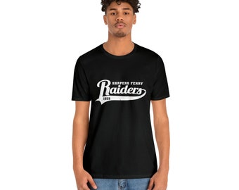 May include: Black t-shirt with a white vintage-style graphic that says "Harpers Ferry Raiders 1859"
