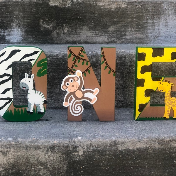 Safari Themed Hand Painted Paper Mache Block Letters, Baby Shower Decor, Birthday Party Decor