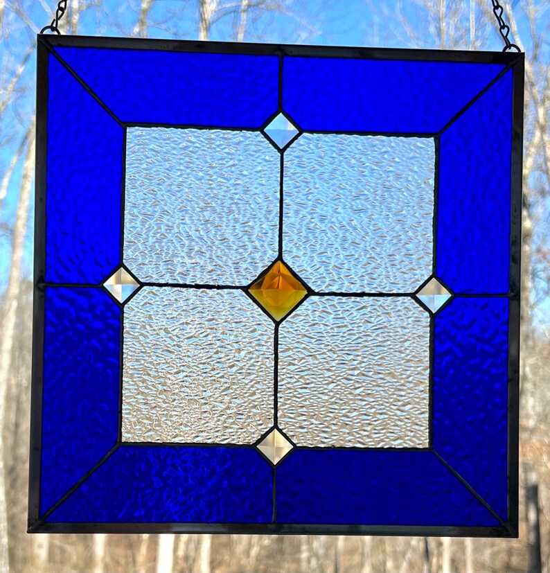 Royal Blue Stained Glass Panel With Gold Glass Jewel Bevels Etsy