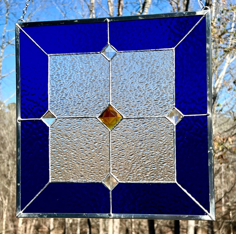 Royal Blue Stained Glass Panel With Gold Glass Jewel Bevels Etsy