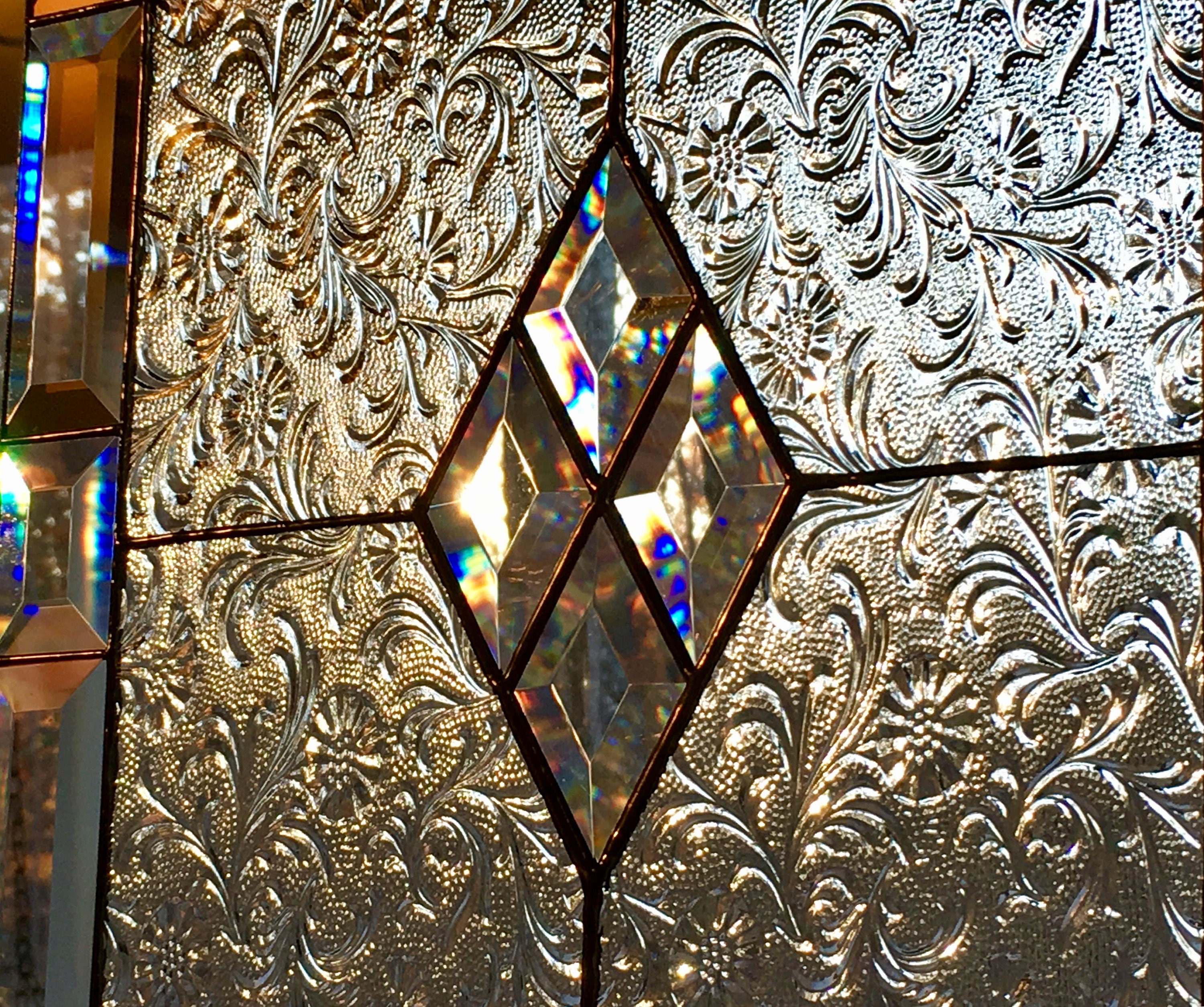 Stained Glass Window Hanging Panel Floral Clear Textured Frosted Bevels ...