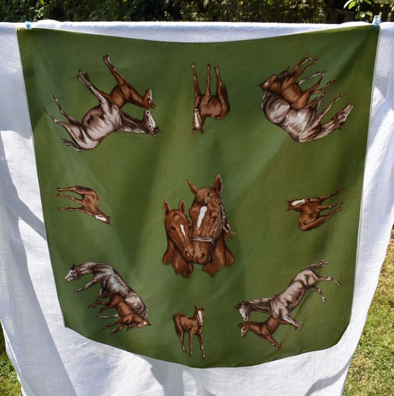 Vintage Satin Scarf Horses Equestrian Green and B… - image 1