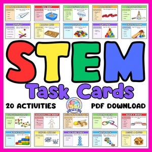May include: A digital educational poster titled STEM Task Cards with 20 activities. The design features large, colourful letters spelling STEM, followed by the text Task Cards, 20 ACTIVITIES, and PDF DOWNLOAD. It includes 20 small rectangular cards.