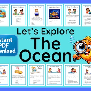 Op de afbeelding: Een digitaal educatief hulpmiddel getiteld Let's Explore The Ocean met twaalf activiteitenkaarten met illustraties van kinderen die wetenschappelijke experimenten uitvoeren, een oranje vis met een vergrootglas en tekst.