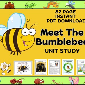 Puede incluir: Una descarga digital titulada "Meet The Bumblebee Unit Study" con una ilustración de dibujos animados de un abejorro. La imagen incluye el texto "82 páginas Descarga instantánea PDF" y varias páginas educativas sobre abejorros. El borde está decorado con insectos de dibujos animados.
