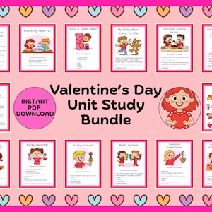 May include: A pink Valentine's Day Unit Study Bundle with various activity cards. The cards feature illustrations and text, including titles like "Floating Hearts!" and "Cheesy Hearts!" A central pink circle reads "Instant PDF Download."