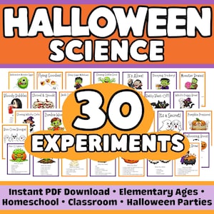 Könnte beinhalten: Eine Sammlung von 30 Halloween-Wissenschaftsexperiment-Karten mit farbenfrohen Illustrationen und Titeln wie Radioactive Monster Eggs, Flying Goodies und Slimey Sugar Meltdown. Die Karten enthalten Materiallisten und Anleitungen für verschiedene Aktivitäten.