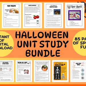 May include: A digital Halloween unit study bundle, featuring activity pages with titles like "Fun Treats" and "Let's Make a Haunted House". The image has an orange background with the text "Halloween Unit Study Bundle" and "85 Pages of Spooky Fun!"