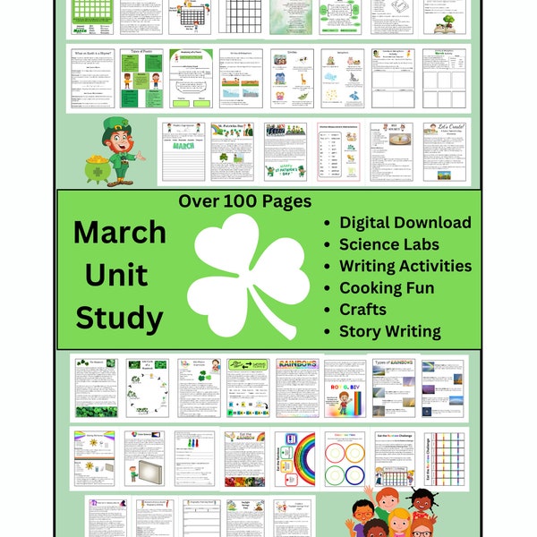 March, Unit Study, Homeschool, St. Patrick's Day, Easter, Spring, Wind, Rainbows, Dr. Seuss, Pi Day, Manatee, Rabbit, Chicken, Ireland, Egg