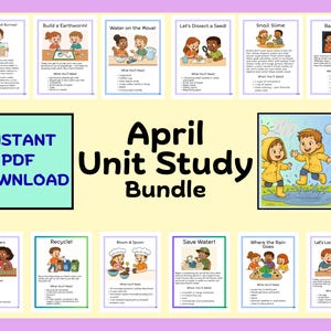 Może przedstawiać: Kolorowy pakiet edukacyjny zatytułowany "April Unit Study Bundle" z różnymi kartami aktywności. Karty zawierają ilustracje i tekst, w tym "Design a Rabbit Burrow!", "Build a Earthworm!" i "Let's Dissect a Seed!". Pakiet jest dostępny jako natychmiastowe pobranie PDF.