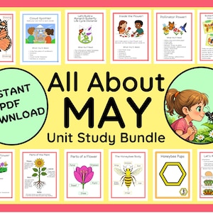 Puede incluir: Un colorido paquete educativo titulado "All About May Unit Study Bundle" con ilustraciones de mariposas, flores e insectos. El paquete incluye descargas PDF imprimibles para diversas actividades de aprendizaje.