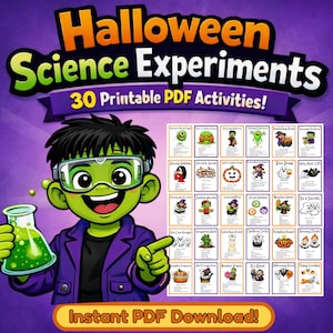 Może przedstawiać: Cyfrowa grafika zatytułowana Halloween Science Experiments 30 Printable PDF Activities przedstawiająca zielonoskórą postać w fioletowej kurtce i goglach ochronnych trzymającą zielony płyn w zlewce, obok siatki 30 kart z zadaniami.