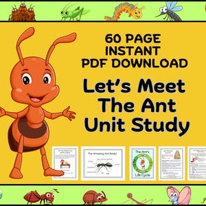 May include: A digital download titled "Let's Meet The Ant Unit Study" with a cartoon ant illustration. The image features the text "60 PAGE INSTANT PDF DOWNLOAD" and several educational diagrams about ants, surrounded by cartoon insects.