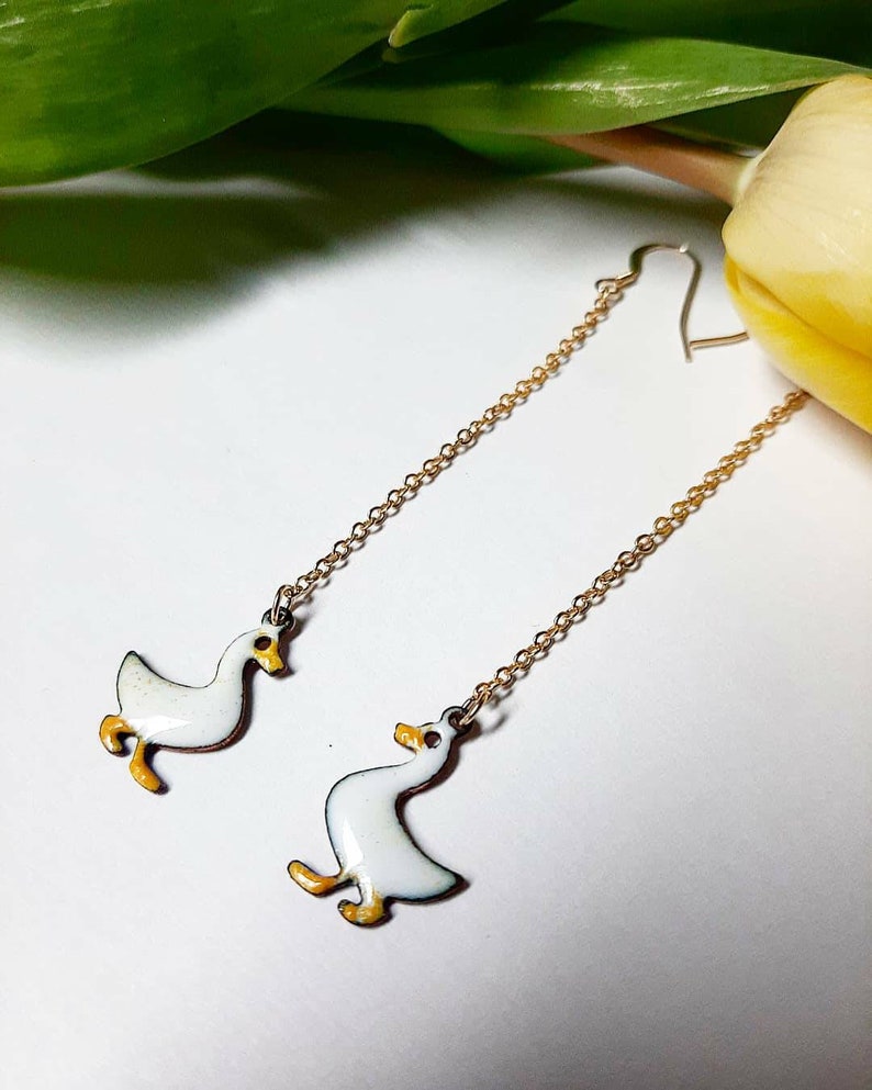 Little duck earrings,long earrings,kiln fired enanel