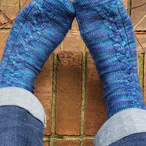 Cabled Sock Knitting PatternPDF, Toe Up, Short Row Heel, Size Inclusive, Child/ Adult, Fingering Weight, Handdyed Yarn