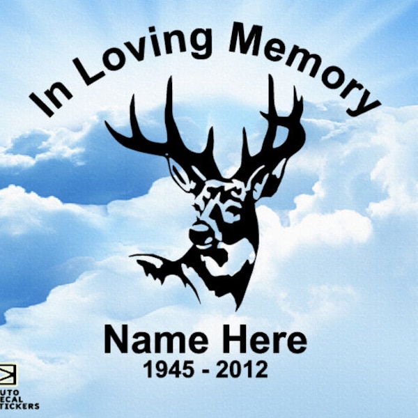 In Loving Memory Of Deer Buck Doe Antlers Vinyl Window Decal Sticker Car Truck Van Suv Memorial Custom Personalized Rip Name Dates 0009