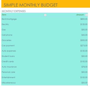 May include: A simple monthly budget chart with a list of common expenses and their corresponding amounts. The chart is on a light blue background with a yellow header.
