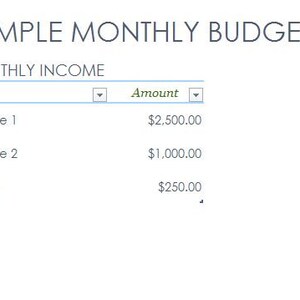 May include: A simple monthly budget spreadsheet with a table listing income sources and amounts. The table includes three income sources: Income 1, Income 2, and Other. The amounts are &pound;2,500.00, &pound;1,000.00, and &pound;250.00, respectively.