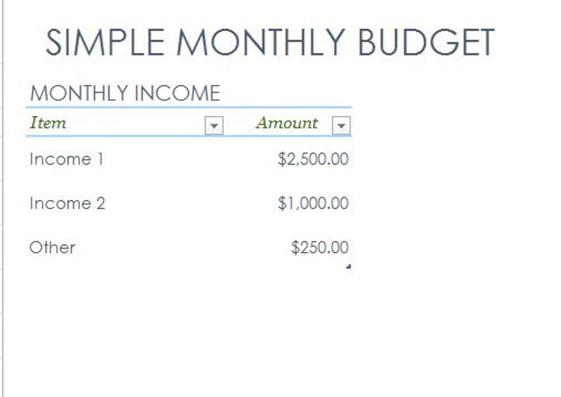 May include: A simple monthly budget spreadsheet with a table listing income sources and amounts. The table includes three income sources: Income 1, Income 2, and Other. The amounts are &pound;2,500.00, &pound;1,000.00, and &pound;250.00, respectively.