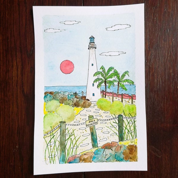 Hand Painted Folk Art Original Watercolor Landscape "Cape Florida Lighthouse", Key Biscayne, FL, Colorful Home Décor,  Unique Wall Art Gift